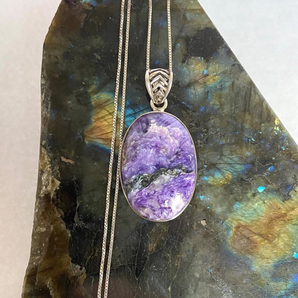 Sterling Silver 925 Oval Bezel Set Purple Charoite Pendant Necklace 22" Chain